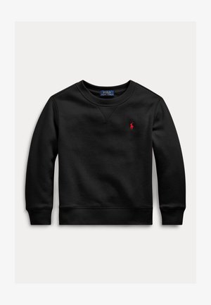 Sweatshirt preto com decote redondo, feito de material suave, apresentando um pequeno logótipo bordado em vermelho no lado esquerdo do peito, com punhos e bainha canelados.