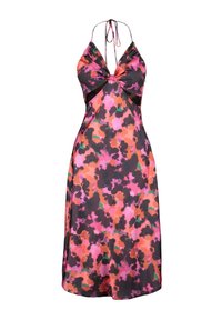 Blommig halterklänning i livfull rosa, orange och svart med en figurnära bodice, djup V-ringning, utskärningar och en flödande kjol.