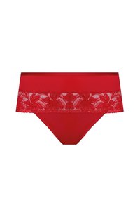 Czerwone koronkowe figi z pasem z koronki w kwiatowy wzór u góry, gładkim środkowym panelem i falistymi brzegami. Miękki materiał o dopasowanym kroju.