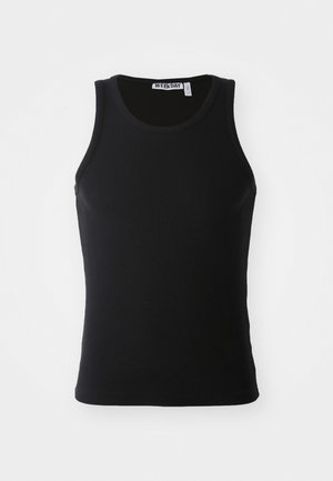 Top in cotone nero a coste con scollatura rotonda e senza maniche. Realizzato in un materiale elastico per comfort e libertà di movimento.