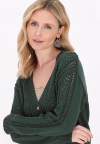 Cardigan lavorato a maglia verde con scollatura a V profonda, intricati motivi in pizzo e un bottone centrale. Presenta polsini a coste e tessuto testurizzato.