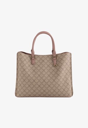 Beige tote bag met een subtiel cirkelpatroon, roze leren accenten, dubbele handvatten en een gestructureerde rechthoekige vorm. Gouden hardware details.