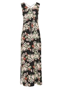 Robe maxi noire sans manches avec imprimé floral vert et blanc, décolleté en V, bretelles croisées au dos et ceinture à la taille.