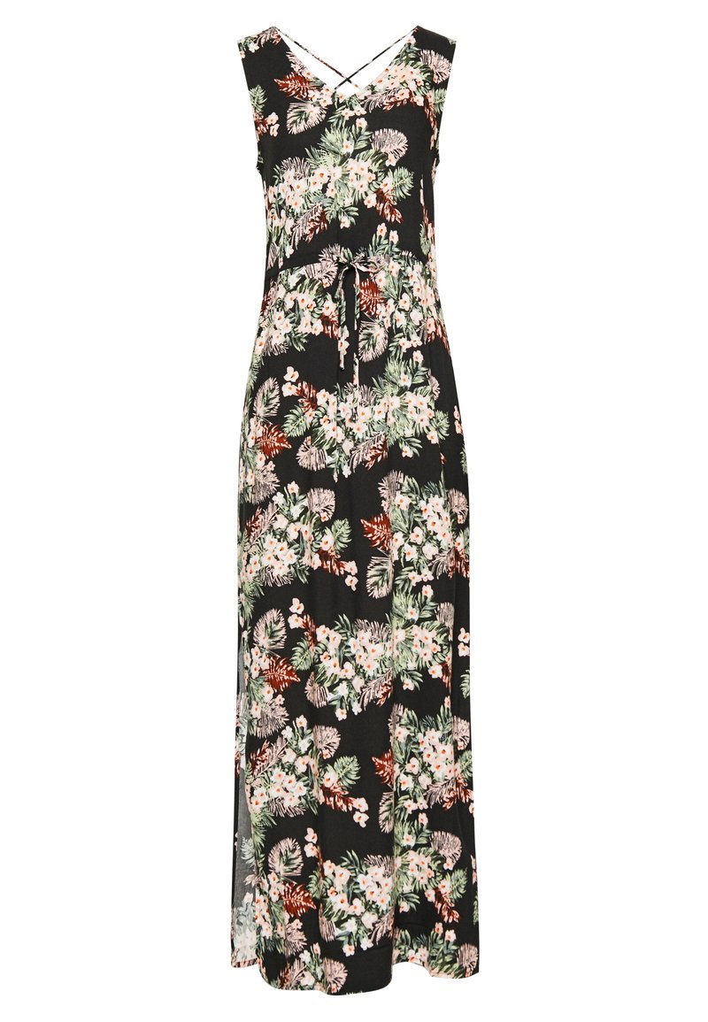 Robe maxi noire sans manches avec imprimé floral vert et blanc, décolleté en V, bretelles croisées au dos et ceinture à la taille.