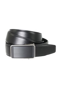 Schwarzer Leder-Gürtel mit glatter Oberfläche, ausgestattet mit einer metallischen rechteckigen Schnalle mit gebürstetem Finish. Doppellagiges Design.