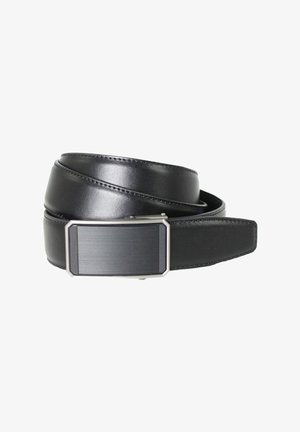 Schwarzer Leder-Gürtel mit glatter Oberfläche, ausgestattet mit einer metallischen rechteckigen Schnalle mit gebürstetem Finish. Doppellagiges Design.