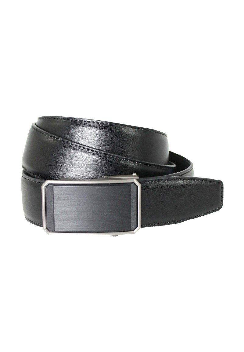 Schwarzer Leder-Gürtel mit glatter Oberfläche, ausgestattet mit einer metallischen rechteckigen Schnalle mit gebürstetem Finish. Doppellagiges Design.