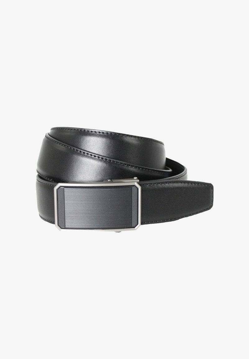 Schwarzer Leder-Gürtel mit glatter Oberfläche, ausgestattet mit einer metallischen rechteckigen Schnalle mit gebürstetem Finish. Doppellagiges Design.