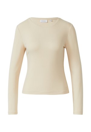 Langärmeliges Oberteil in hellem Beige, aus weichem Material, mit rundem Ausschnitt und figurbetonter Form. Minimalistisches Design ohne Muster oder Akzente.