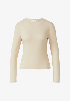 Langärmeliges Oberteil in hellem Beige, aus weichem Material, mit rundem Ausschnitt und figurbetonter Form. Minimalistisches Design ohne Muster oder Akzente.