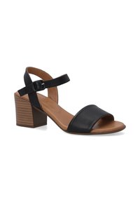 Zwarte leren sandalen met hakken, open teen en enkelbandje. Heeft een blokhak met een houten textuur en een gladde tan kleurige binnenzool.