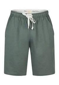 Pánské tmavě zelené šortky z měkké látky, vybavené elastickým pasem s bílým stahovacím šňůrkem a bočními kapsami. Hladká textura, délka ke kolenům.