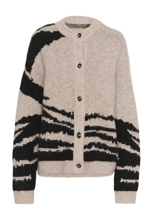 Cardigan en tricot beige avec des motifs abstraits noirs, encolure ronde, fermeture à boutons sur le devant et manches longues.