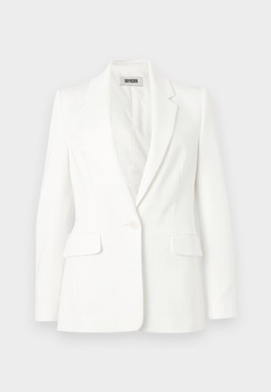 Blazer alb cu un singur nasture, revere cu decupaj, mâneci lungi și două buzunare frontale cu clapetă, etichetat Drykorn.