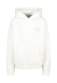 Felpa bianca con cappuccio e tasca frontale, con testo azzurro chiaro "THE CITY OF DREAMS New York" sul lato sinistro del petto.