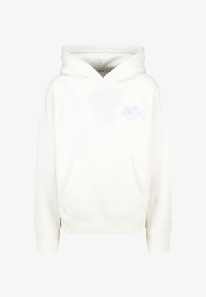 Sweat à capuche blanc avec poche avant et texte bleu clair "LA VILLE DES RÊVES New York" sur la poitrine gauche.