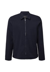 Navyblauwe jas van gladde stof, met een ritssluiting aan de voorkant, een puntige kraag, lange mouwen en zijzakken. Minimalistisch ontwerp, zonder patronen.