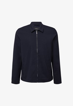 Veste bleu marine en tissu lisse, dotée d'un zip sur le devant, d'un col pointu, de manches longues et de poches latérales. Design minimaliste, sans motifs.