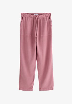 Pantalon ample rose avec taille élastique, cordon de serrage et deux poches plaquées à l'avant.