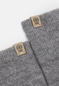 Gray knitted gloves with a textured pattern, featuring a brown leather tag with a logo stitched at the cuff.