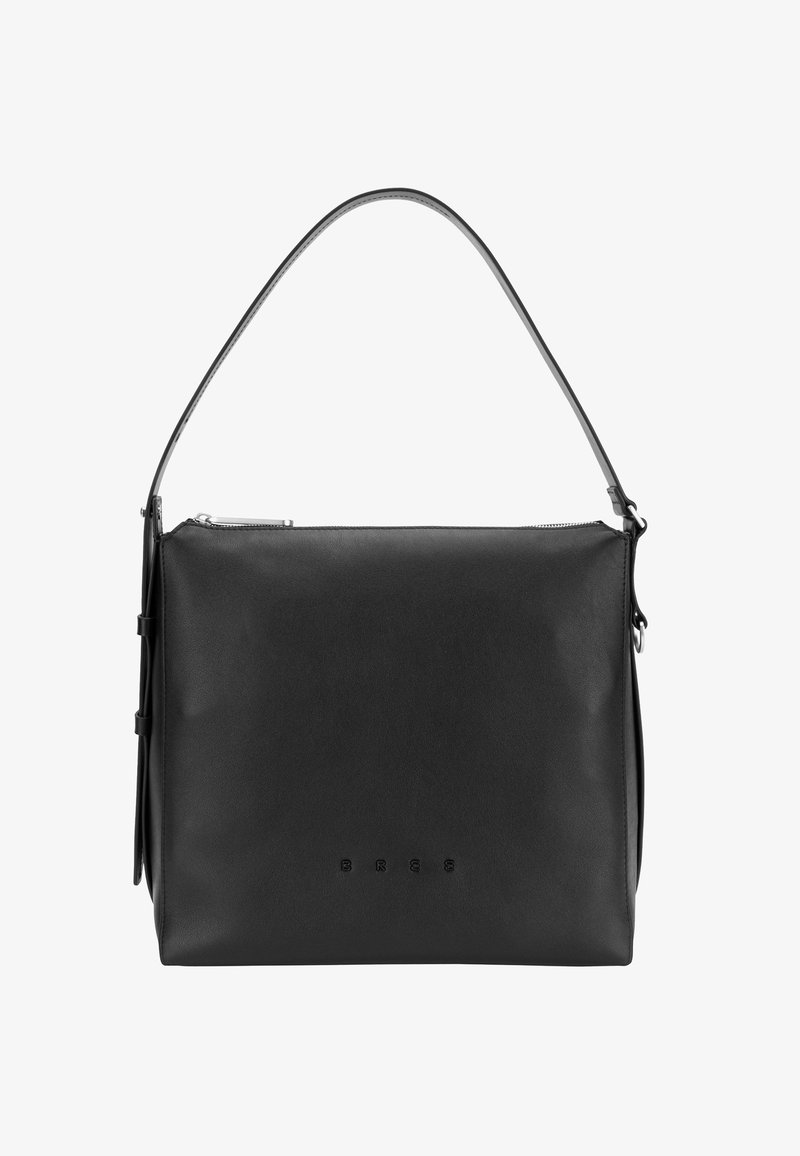 Borsa a spalla in pelle nera dal design minimalista, con manico arrotondato, chiusura a zip e marchio in rilievo discreto sul davanti.