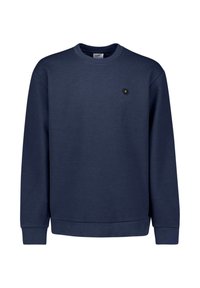 Navyblauw sweatshirt met een ronde hals, geribde manchetten en onderkant. Beschikt over een klein, contrasterend logo op de linkerborst. Gemaakt van een katoenmix.