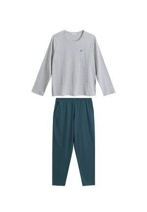 Jasnoszary longsleeve z okrągłym dekoltem, w zestawie z kontrastującymi, tealowymi spodniami z elastycznym pasem i bocznymi kieszeniami. Wykonane z miękkiej bawełny.