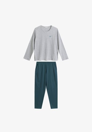 Jasnoszary longsleeve z okrągłym dekoltem, w zestawie z kontrastującymi, tealowymi spodniami z elastycznym pasem i bocznymi kieszeniami. Wykonane z miękkiej bawełny.
