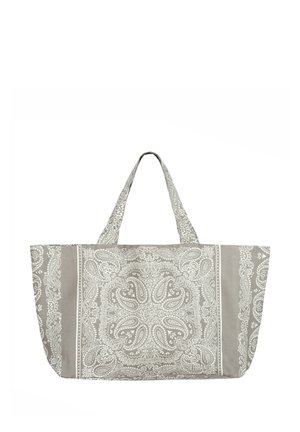 Duża szara torba na ramię z białymi, skomplikowanymi wzorami paisley i kwiatowymi oraz dwoma uchwytami.
