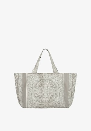 Duża szara torba na ramię z białymi, skomplikowanymi wzorami paisley i kwiatowymi oraz dwoma uchwytami.