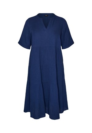 Marineblaues knielanges Kleid mit kurzen Ärmeln, V-Ausschnitt und gestuftem, locker sitzendem Design.