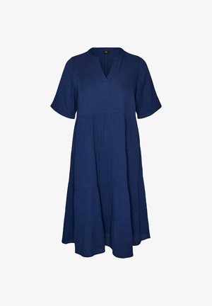 Vestido azul marino hasta la rodilla, con mangas cortas, escote en V y diseño de capas suelto.