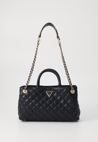 Borsa a tracolla nera trapuntata con doppi manici, tracolla accentata da catena e dettagli in metallo dorato. Include un logo del marchio sul fronte.