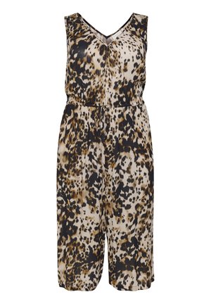 Mono de estampado animal en tejido ligero. Presenta un escote en V, diseño sin mangas, cintura elástica con cordón y piernas de corte holgado.
