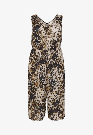 Mono de estampado animal en tejido ligero. Presenta un escote en V, diseño sin mangas, cintura elástica con cordón y piernas de corte holgado.