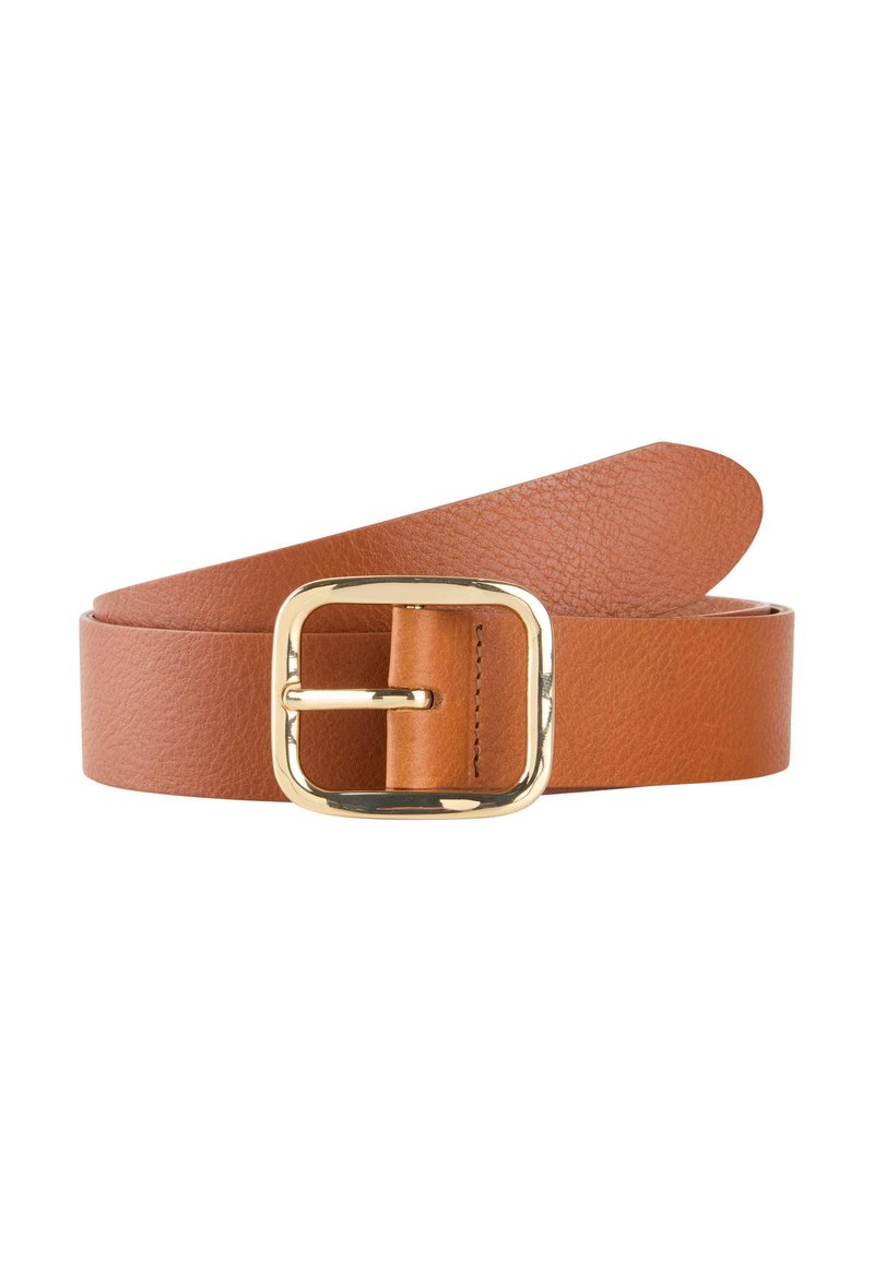 Ceinture en cuir marron avec une boucle rectangulaire en ton doré. La sangle présente une finition texturée, montrant une surface douce et souple ainsi qu'une pointe incurvée.