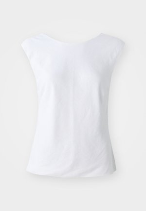 Fehér ujjatlan felső, lekerekített nyakkivágással, texturált anyagból készült. Egyszerű, díszítés nélküli dizájn, laza szabással.