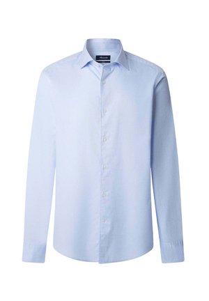 Lichtblauw lange mouwen overhemd met knopen, gemaakt van katoen. Het heeft een spitse kraag, een rechte snit en een gladde textuur zonder patronen.