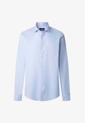Lichtblauw lange mouwen overhemd met knopen, gemaakt van katoen. Het heeft een spitse kraag, een rechte snit en een gladde textuur zonder patronen.