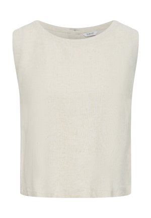 Haut sans manches en lin beige avec encolure ronde et ourlet droit, doté d'une petite fermeture éclair au dos.