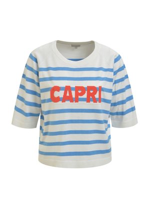 White short-sleeve shirt with light blue horizontal stripes and bold red "CAPRI" text across the chest.