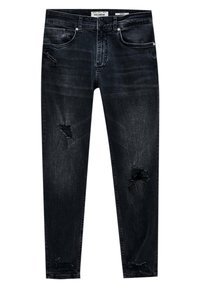 Jean noir délavé à coupe slim, avec des détails déchirés et des zones décolorées sur un tissu en denim, fermé par un bouton et une fermeture éclair.