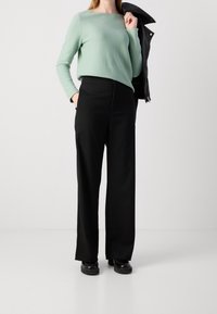 Helles grünes Langarmoberteil kombiniert mit hochgeschnittenen schwarzen weiten Hosen und schwarzen Schuhen. Das Outfit zeichnet sich durch ein lässiges, aber dennoch maßgeschneidertes Design aus.