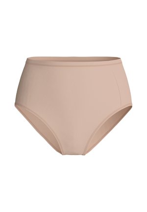 Hoge taille huidkleurige ondergoed gemaakt van gladde, rekbare stof. Heeft een naadloos ontwerp met een comfortabele elastische tailleband.