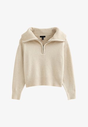 Pullover beige con collo ampio a costine e chiusura a zip a un quarto. Presenta un motivo di maglia testurizzata e orli e polsini a costine.