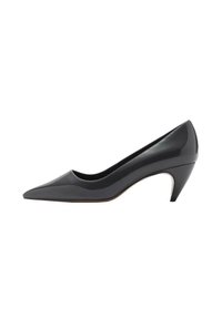 Escarpin en cuir verni noir avec un bout pointu et un talon mi-haut effilé. Texture lisse et éléments de design minimalistes.