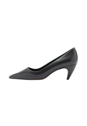 Escarpin en cuir verni noir avec un bout pointu et un talon mi-haut effilé. Texture lisse et éléments de design minimalistes.