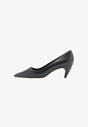 Crne lakirane cipele s uskim vrhom i suženim, srednje visokim potpeticom. Glatka tekstura i minimalni dizajnerski elementi.
