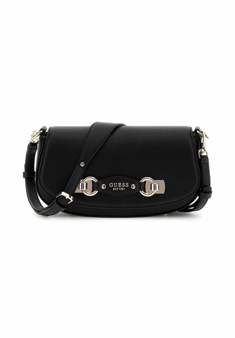 Borsa a tracolla nera con superficie testurizzata, hardware in argento e dettaglio centrale della fibbia con il logo del marchio. Cinghia regolabile.