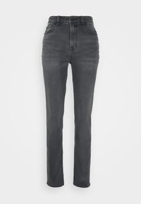 Jeans neri a vita alta, slim-fit, con texture sbiadita e chiusura frontale a bottoni, esposti su uno sfondo bianco semplice.